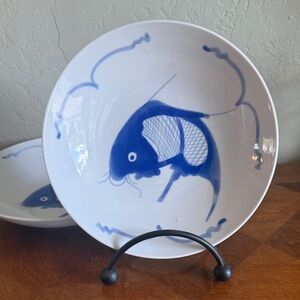 Vintage 9" Hand painted Koi Fish Chinese Porcelain Dinner Plates - Set of 2